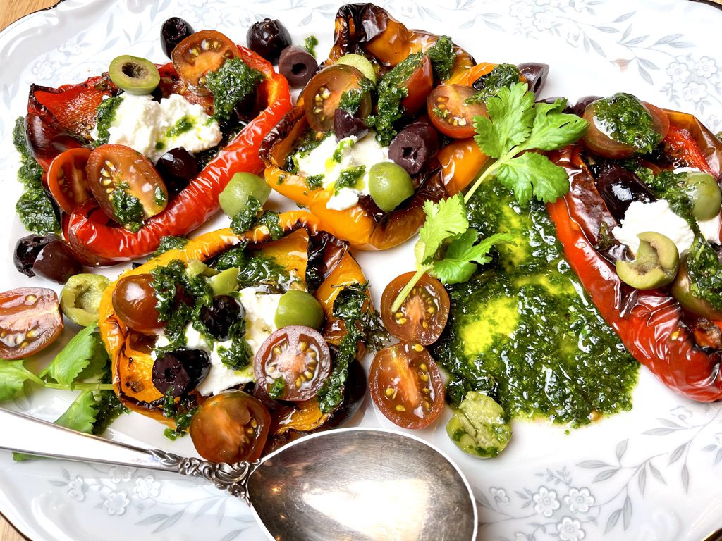 Roasted Pepper Cups with Cherry Tomatoes, Olives, and Ricotta