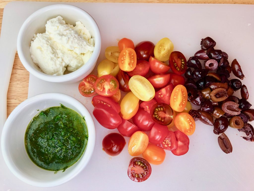 Cherry Tomatoes, Olives and Ricotta and cilantro oil