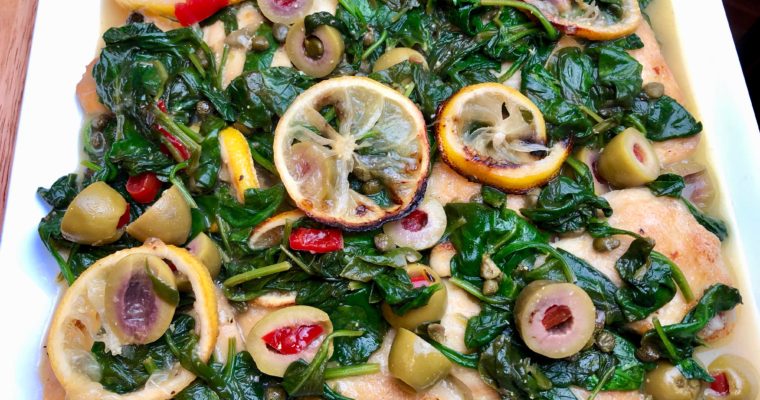 Chicken with Roasted Lemons, Olives, Capers and Spinach