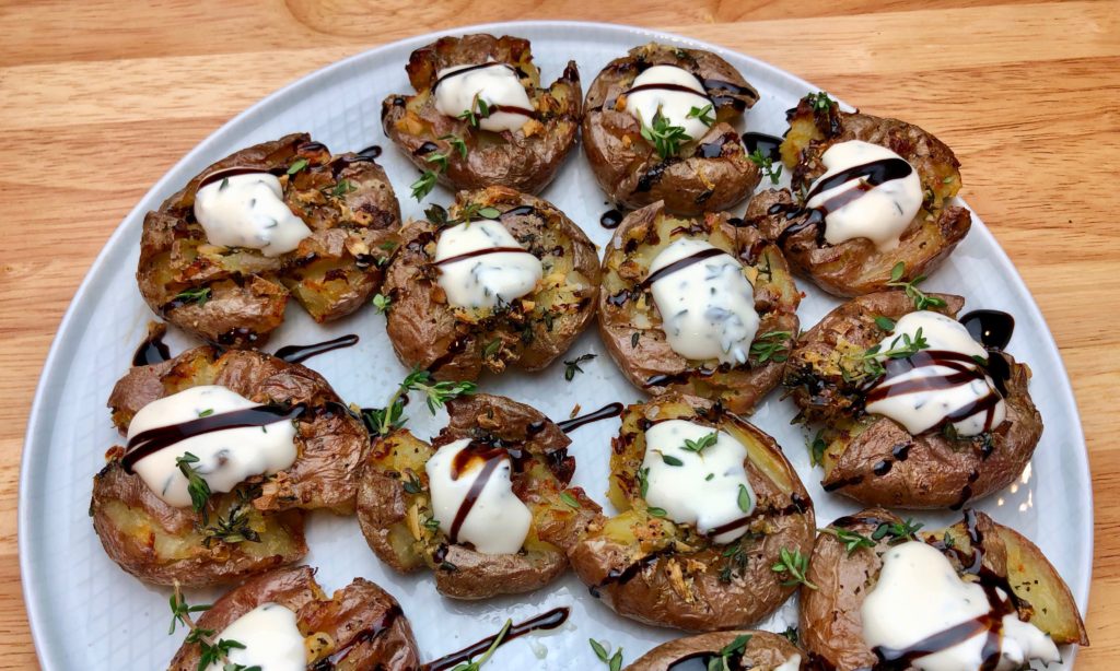 Smashed Thyme Potatoes with Aioli and Balsamic Syrup