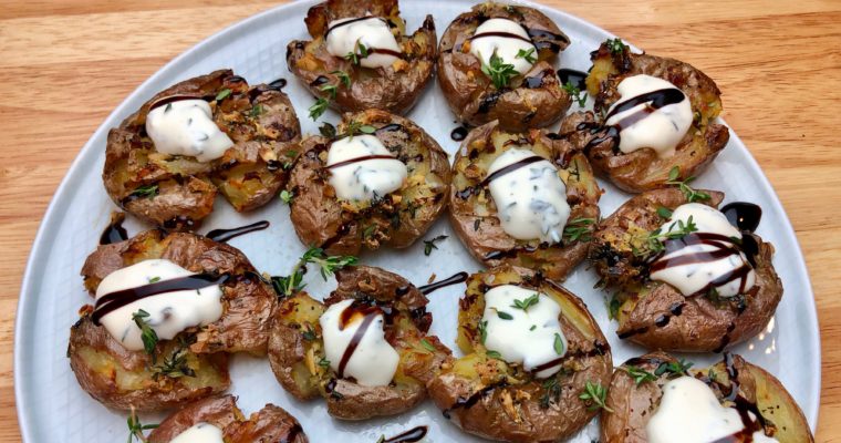 Smashed Thyme Potatoes with Aioli and Balsamic Syrup