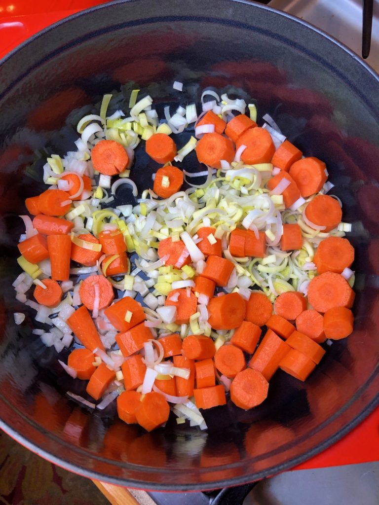 cook onions, carrots and leeks