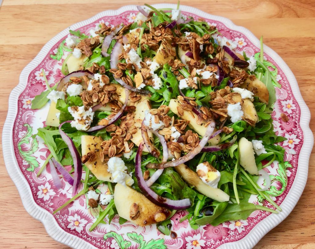 Arugula Salad with Apples, Goat Cheese Crumbles, and (GF) Homemade Granola