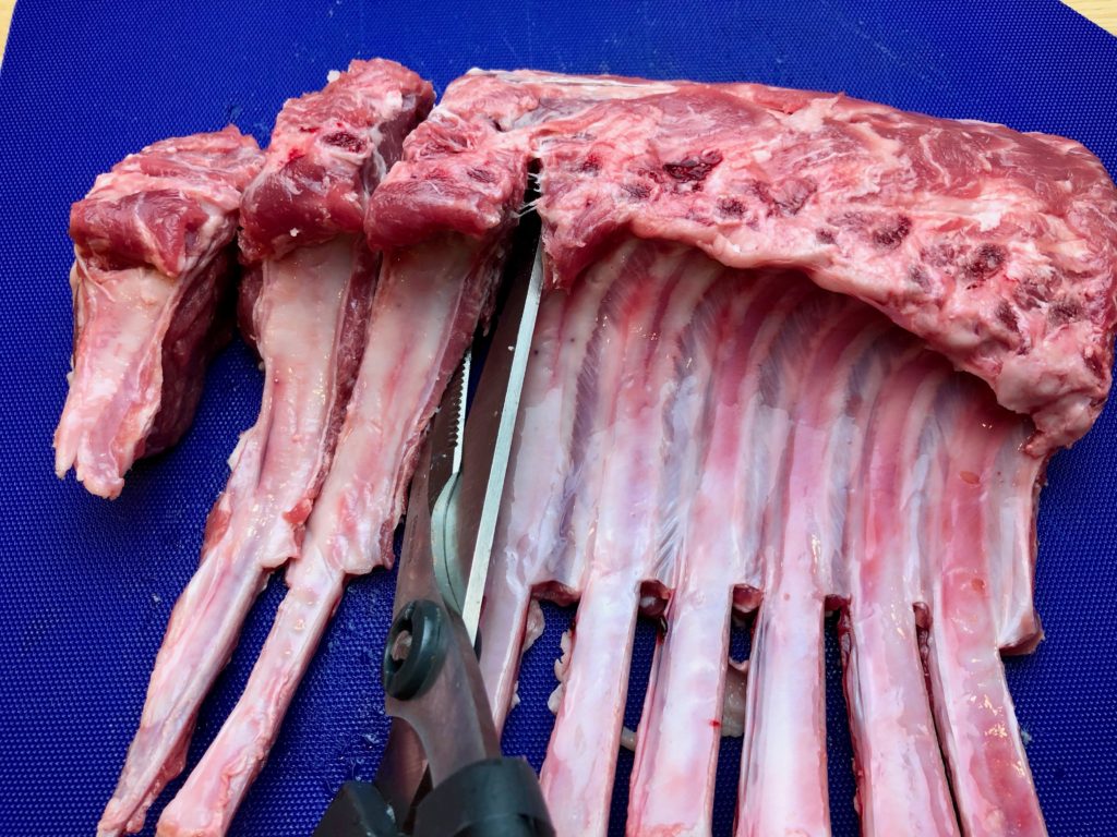 trimmed rack of lamb, cutting into chops