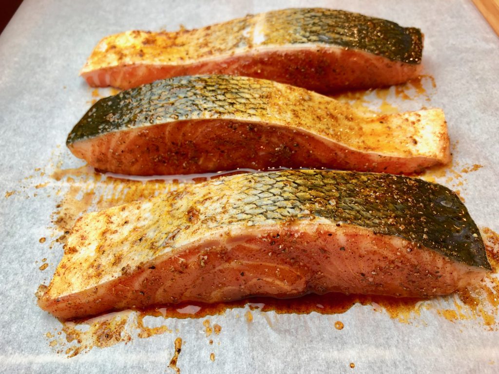 salmon filets brushed with cumin oil