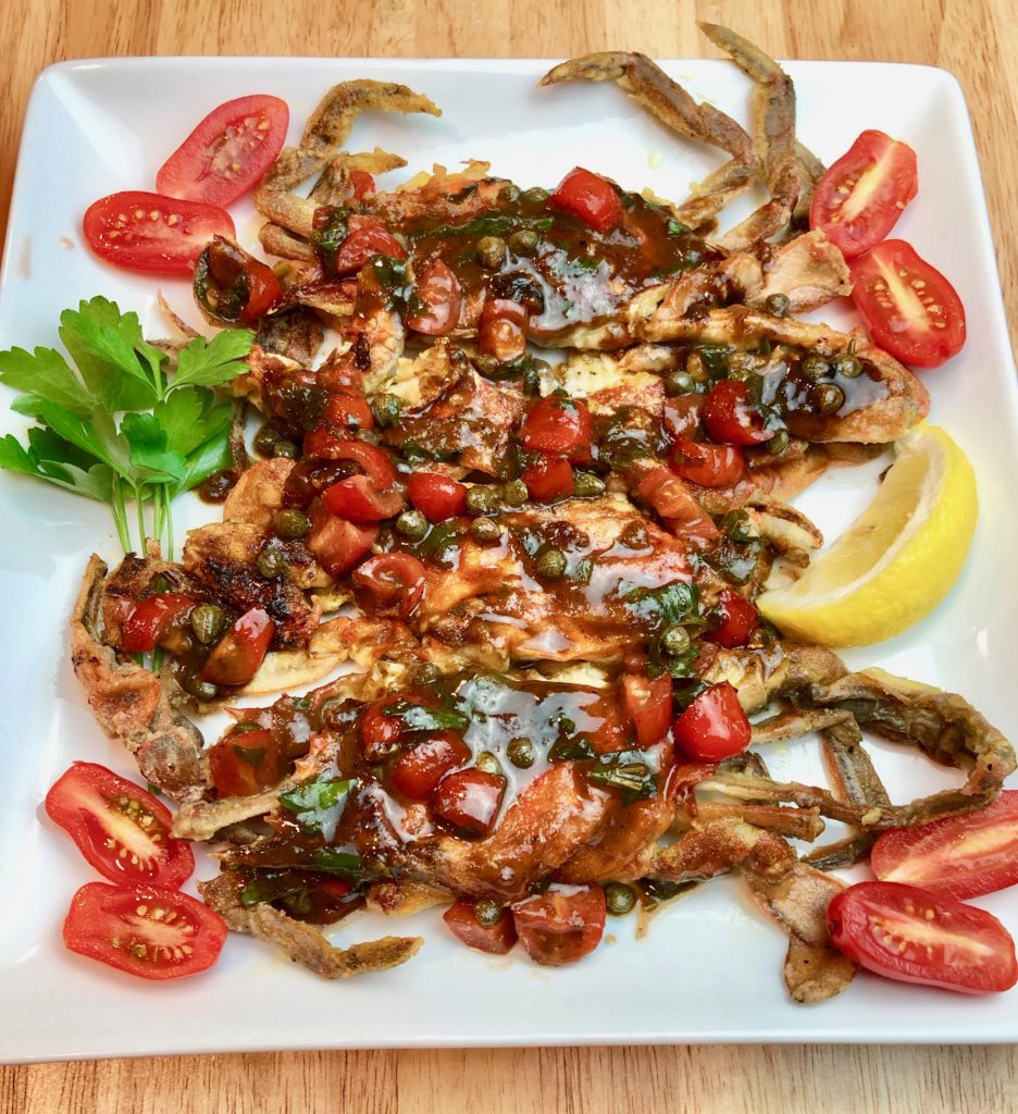 Soft Shell Crabs with Balsamic Tomato Caper Sauce
