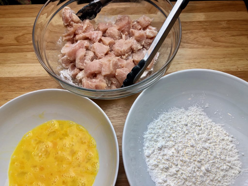 diced chicken, egg and cornstarch