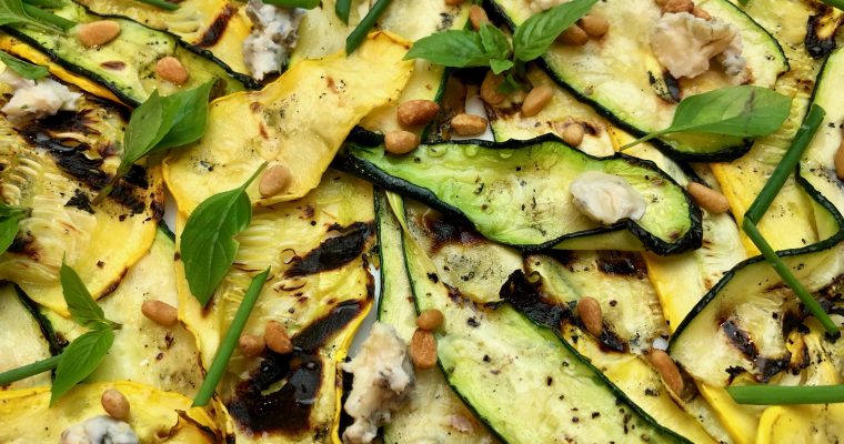 Grilled Zucchini & Squash with Cheese Crumbles, Pine Nuts and Truffle Honey