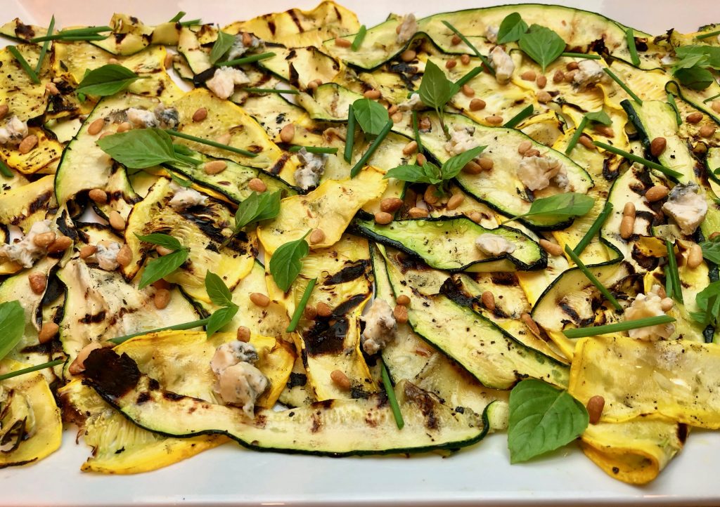 Grilled Zucchini & Squash with Cheese Crumbles, Pine Nuts and Truffle Honey
