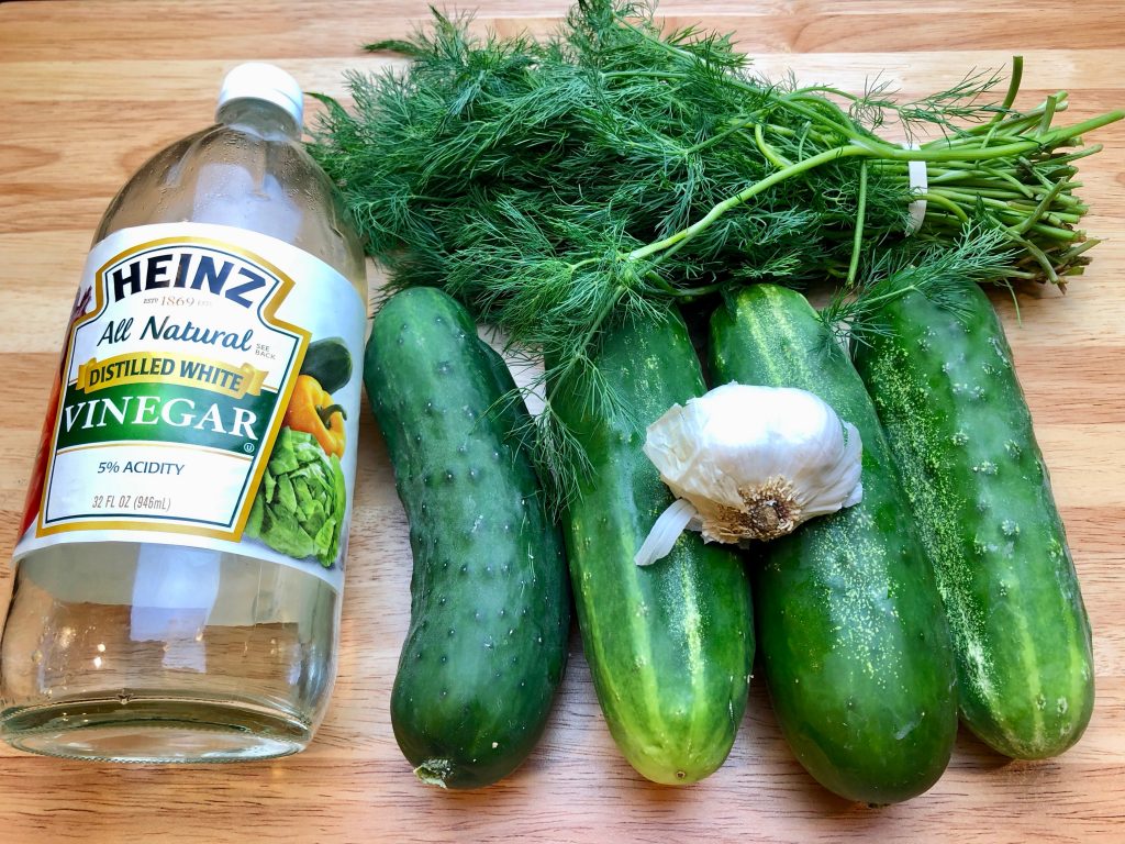 ingredients for pickles - cucumbers, vinegar, garlic and dill