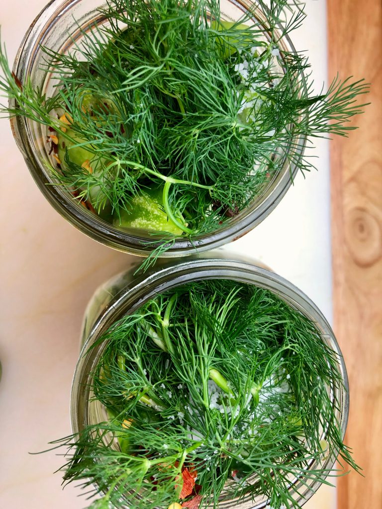 Add Cucumbers, Spices and Dill to the Jars
