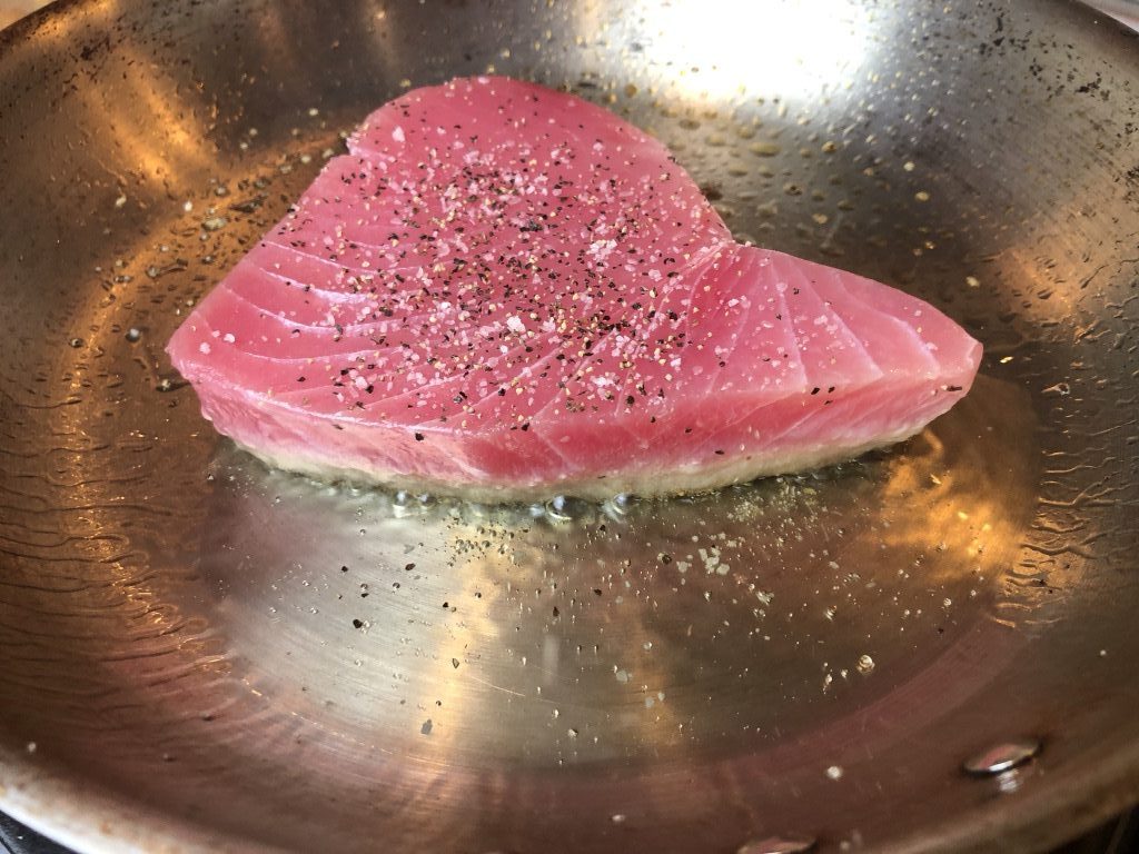 seasoned tuna seared on one side