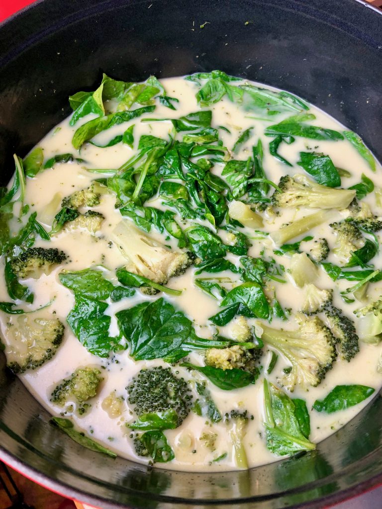 coconut cream with broccoli and spinach