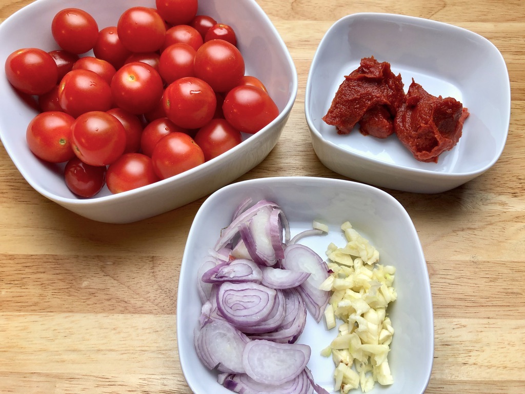 cherry tomatoes, tomato paste, garlic and shallots