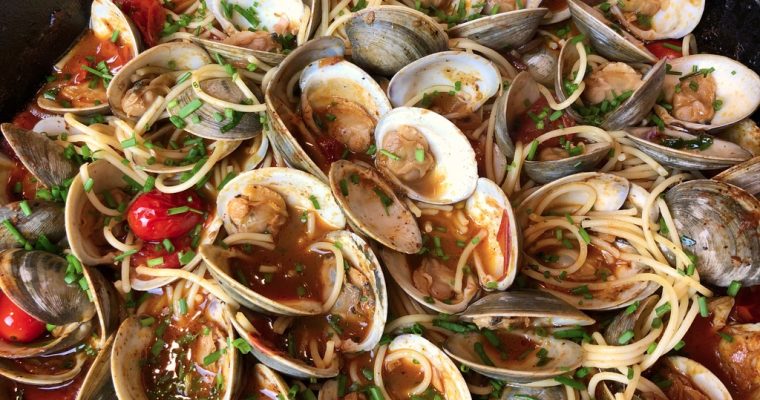 Clams with Tomato Broth and Gluten Free Spaghetti