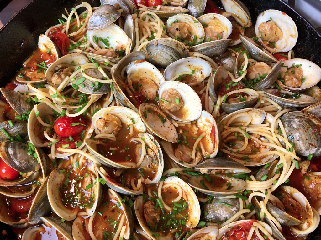 Clams in Tomato Broth with gluten free pasta