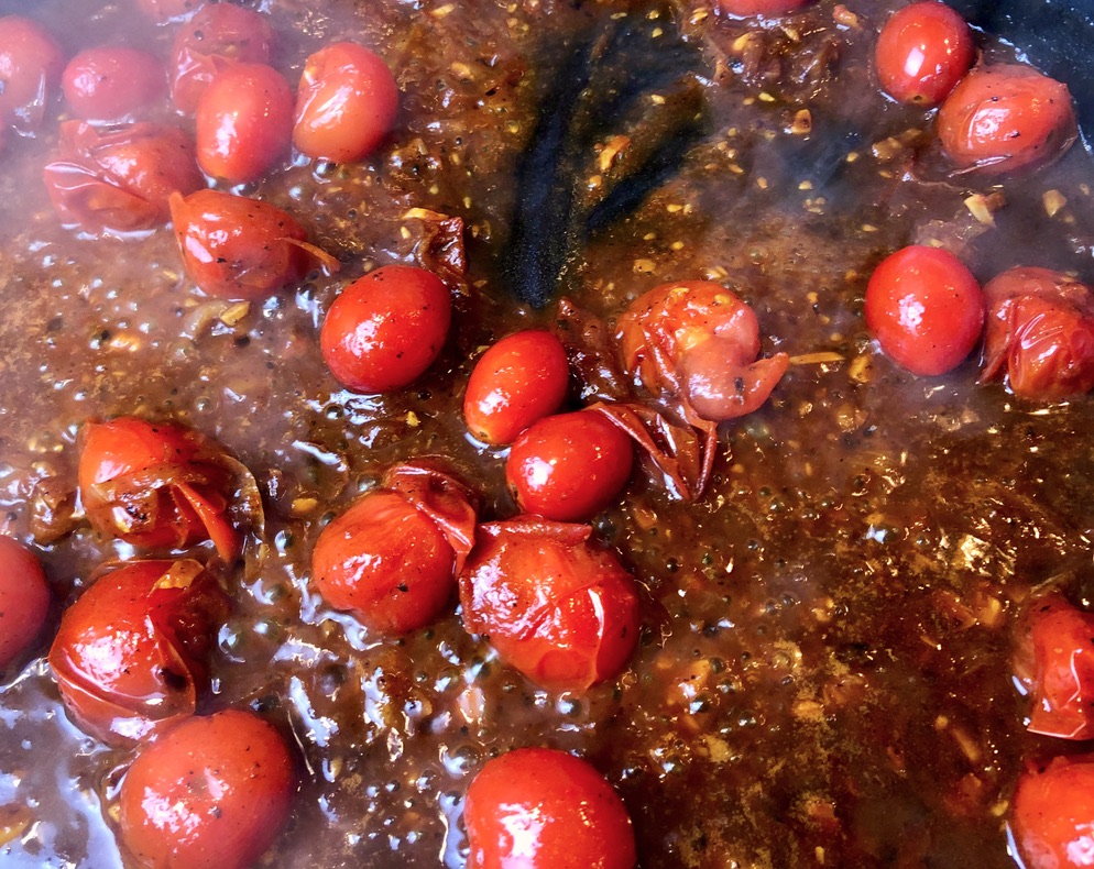 add wine to cherry tomatoes and let them softened and released their juices