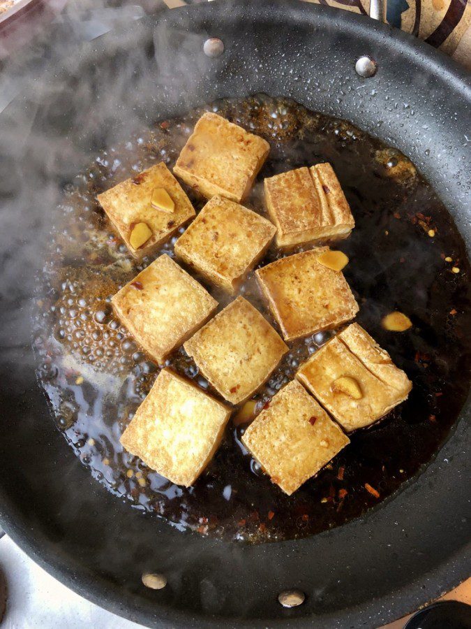 Tofu with maple soy reduced down to a glaze