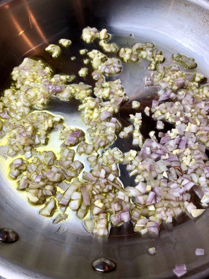 browning shallots and garlic in olive oil