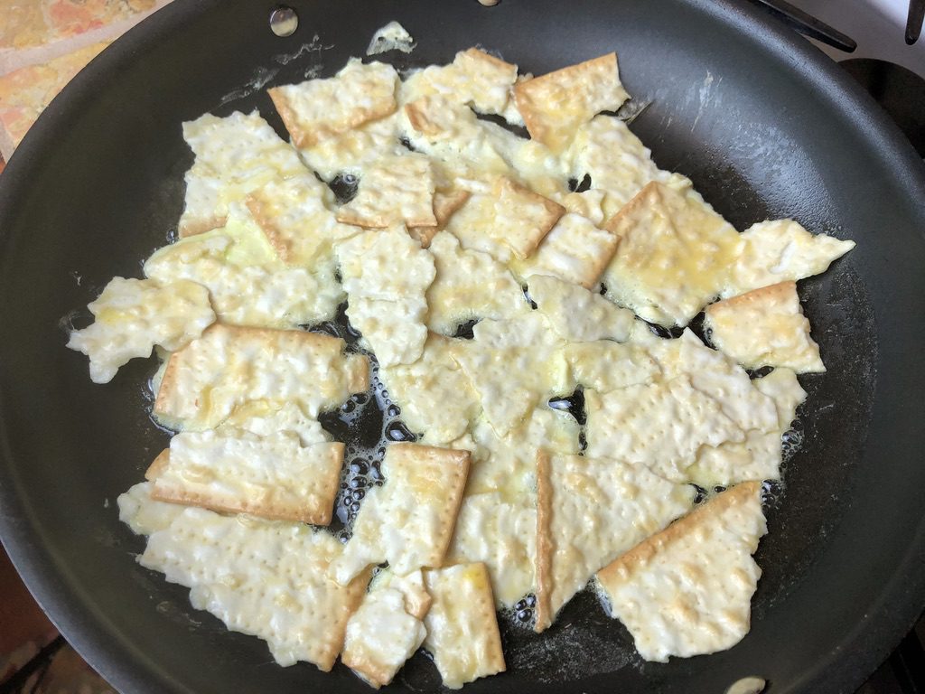 egg soaked matzo in the pan