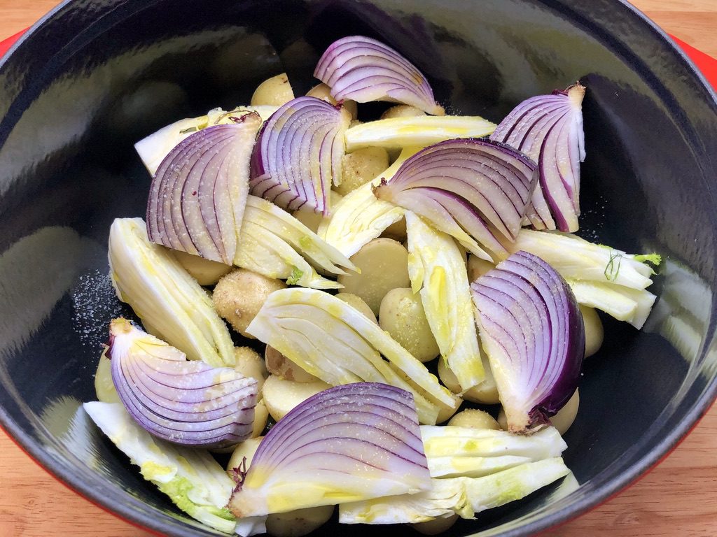 Onions and Fennel Cut into Wedges, Potatoes Halved