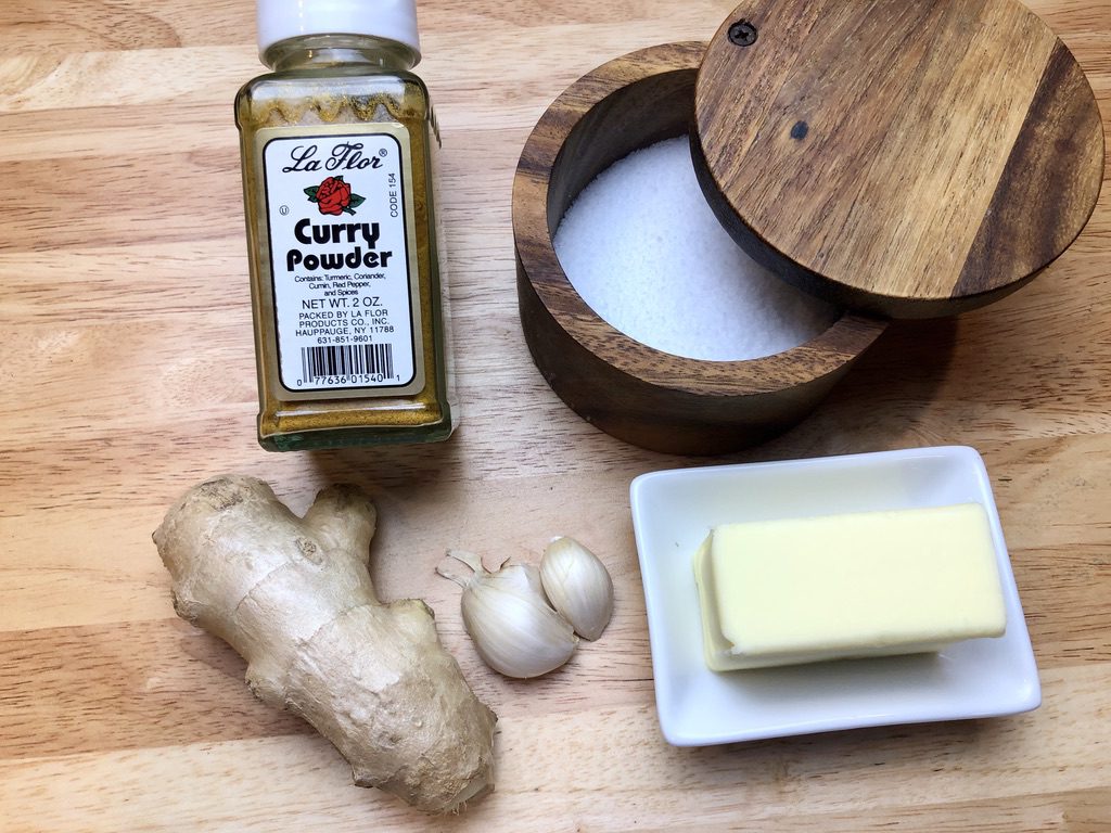 Ingredients for Curry Butter; curry powder, salt, butter, garlic & ginger