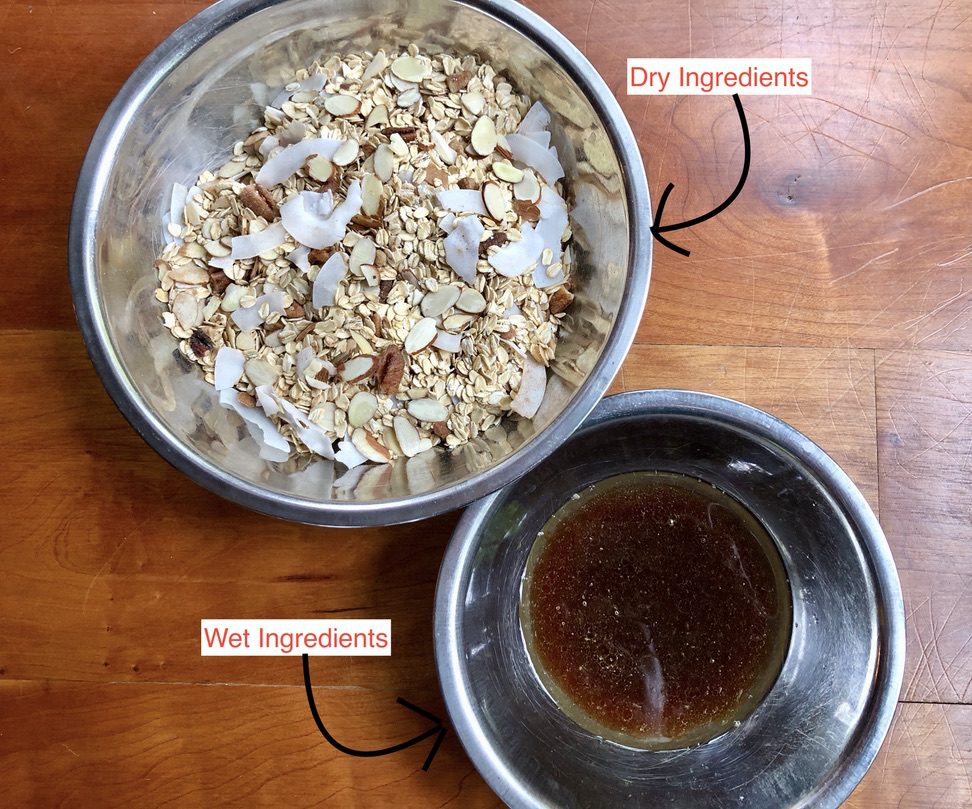 Mix dry ingredients and wet ingredients in separate bowls