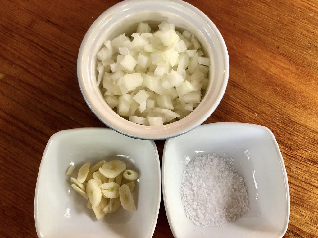 onions, garlic and salt