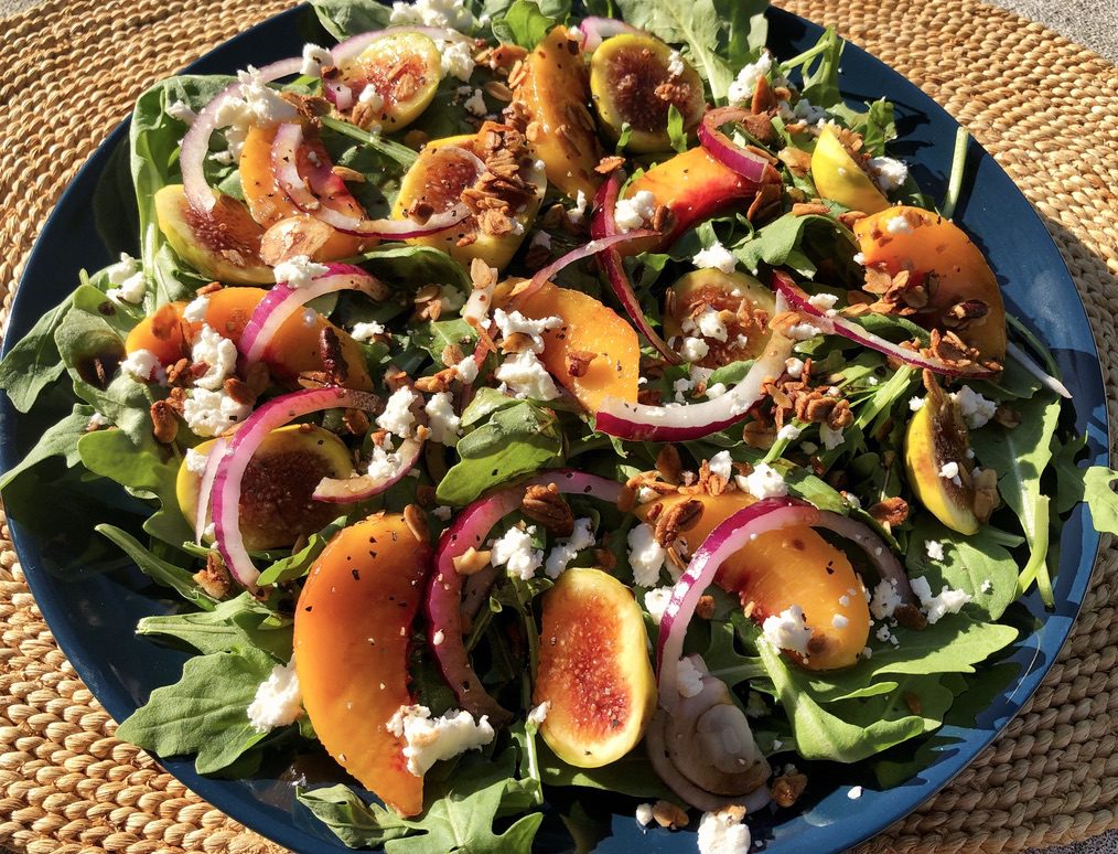 Arugula with Figs, Peaches, Goat Cheese Crumbles and (GF) Granola