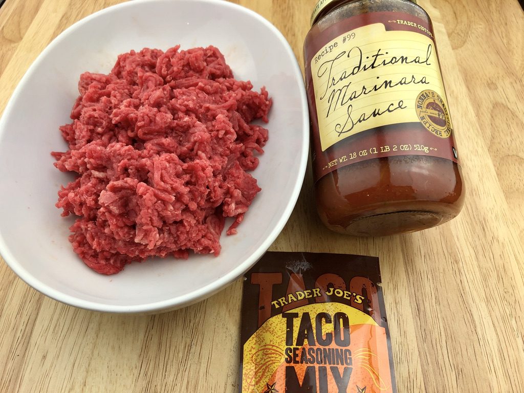 ground beef, taco seasoning and bottled red sauce
