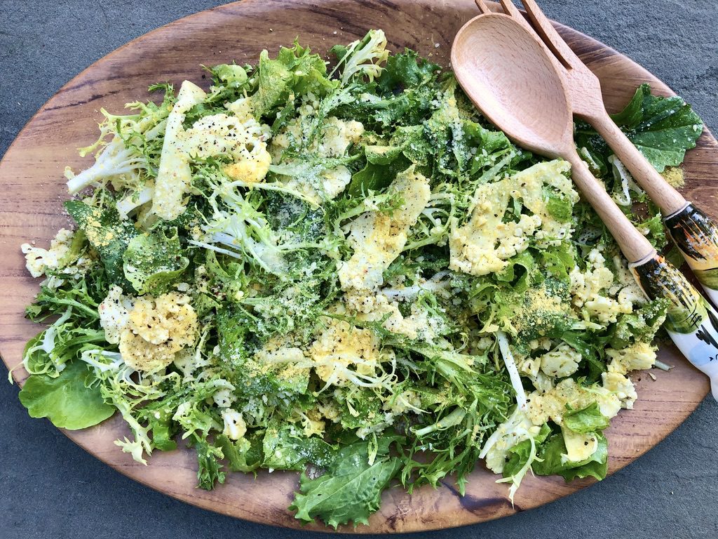 shaved cauliflower and mixed lettuce salad