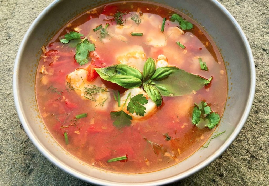 Tomato Fish Chowder with Fresh Herbs and Lime