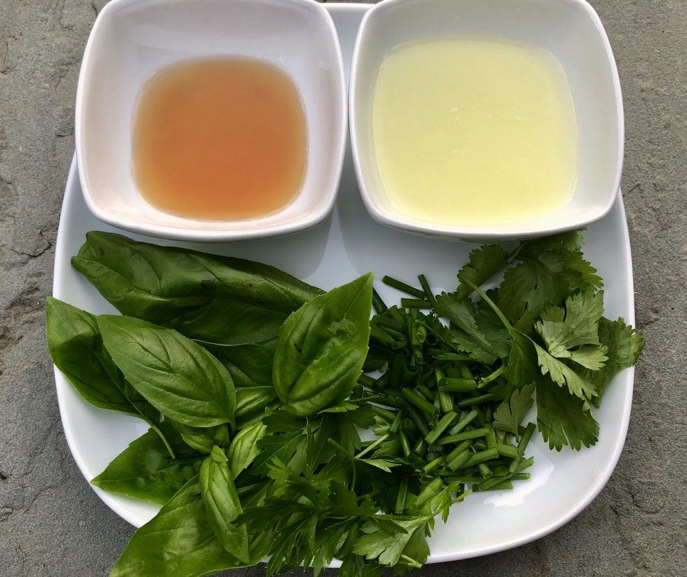 soup toppings-fresh herbs, lime juice, and fish sauce