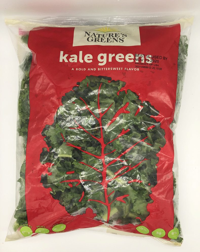 bag of pre-washed and torn kale leaves