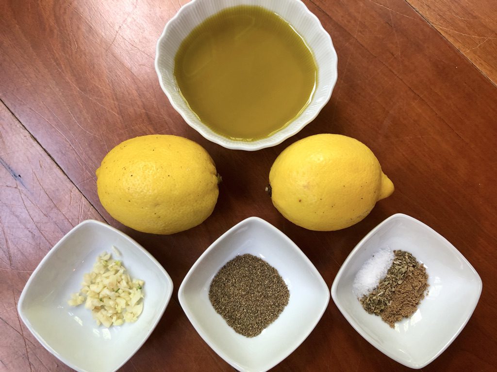 lemon, olive oil, garlic, dried dill, oregano, salt and pepper