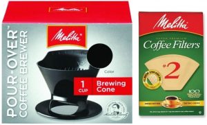 Melitta Pour Over Coffee Cone Brewer & #2 Filter Natural Brown Combo Set, Black