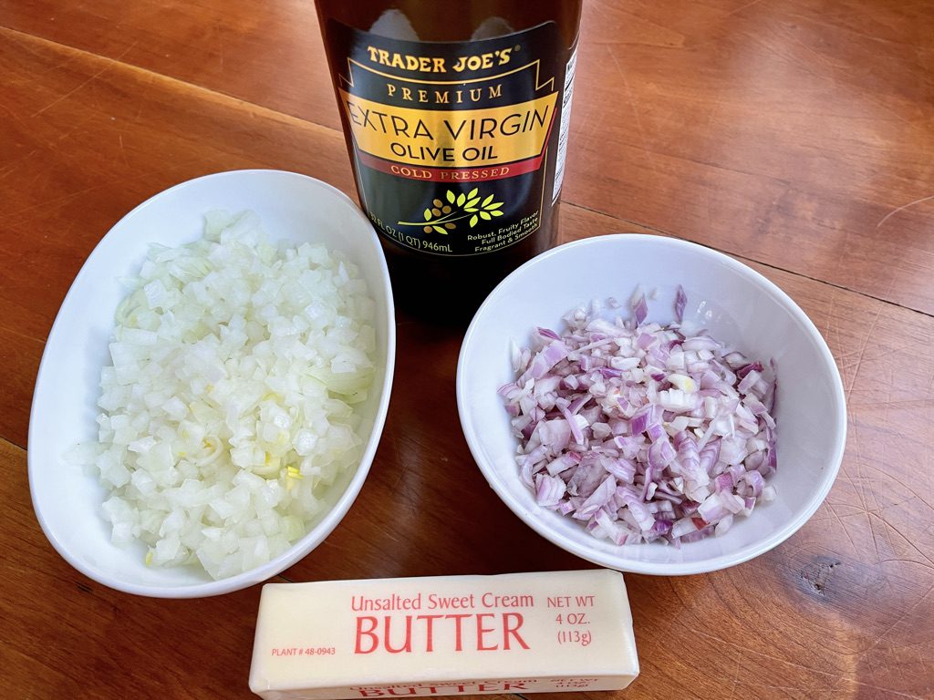 olive oil, butter, shallots and onions