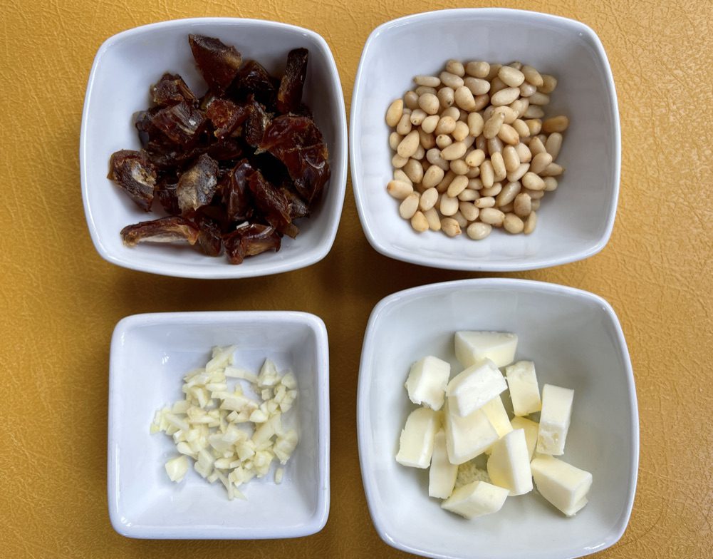 dates, pinenuts, butter, and minced garlic