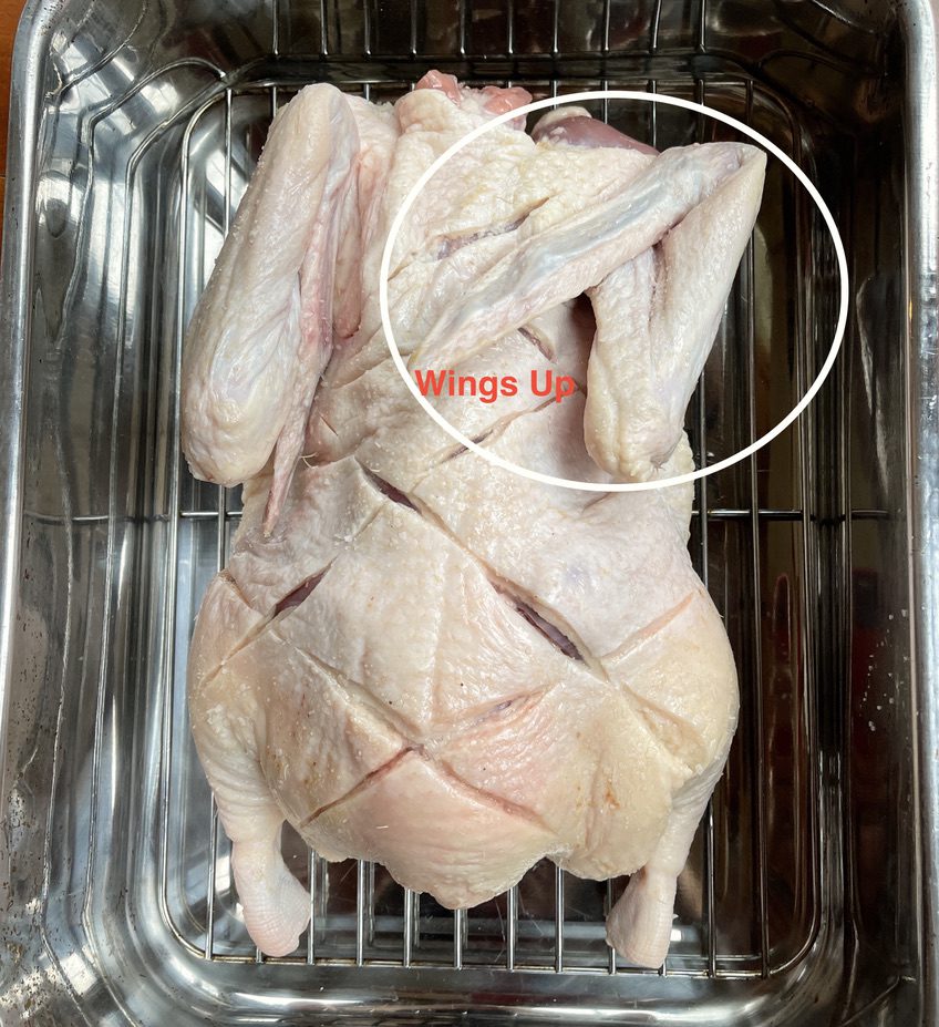 Place duck in roasting pan breast-side-down (wings will face up)
