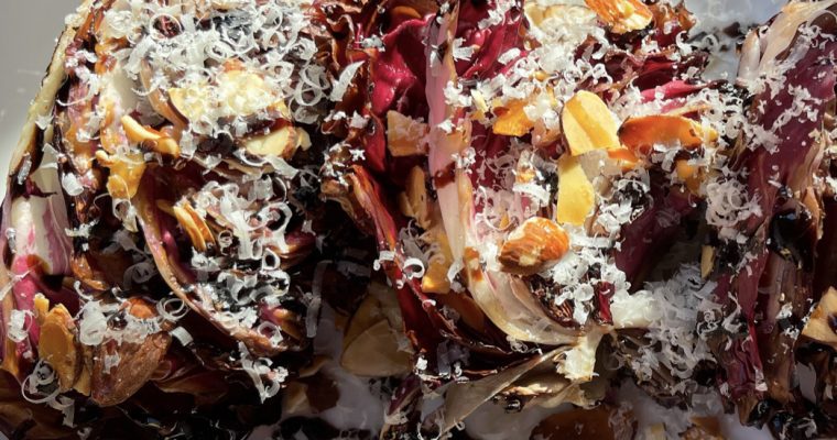 Grilled Radicchio with Honeyed Almonds, Balsamic, and Parmesan