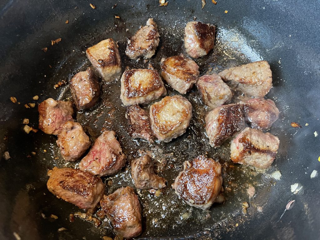 cook beef cubes, approx 10 mins