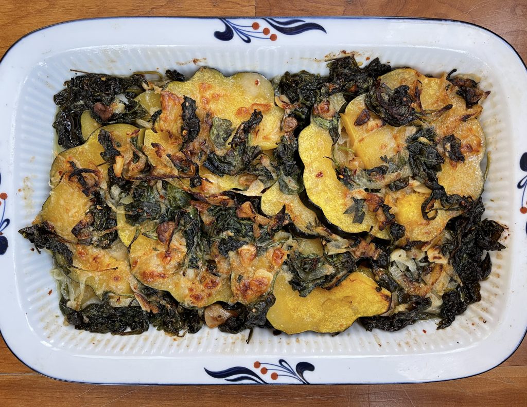 squash baked for 25 minutes with onions, spinach, and cream