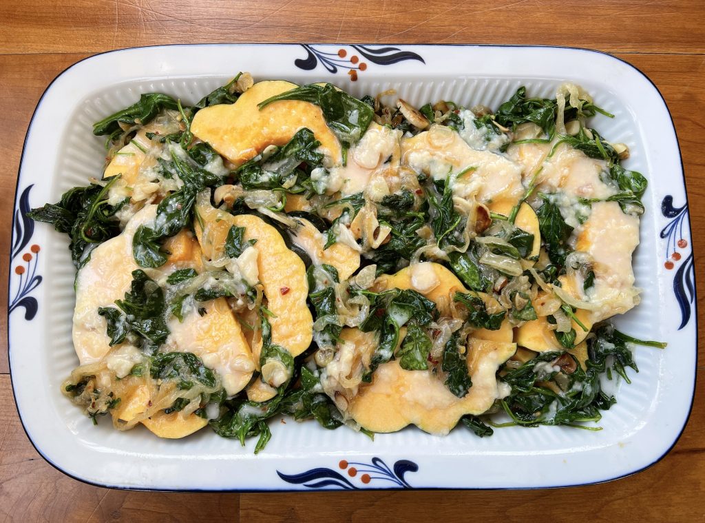 squash with onion/spinach mixture topped with cream heated with parmesan
