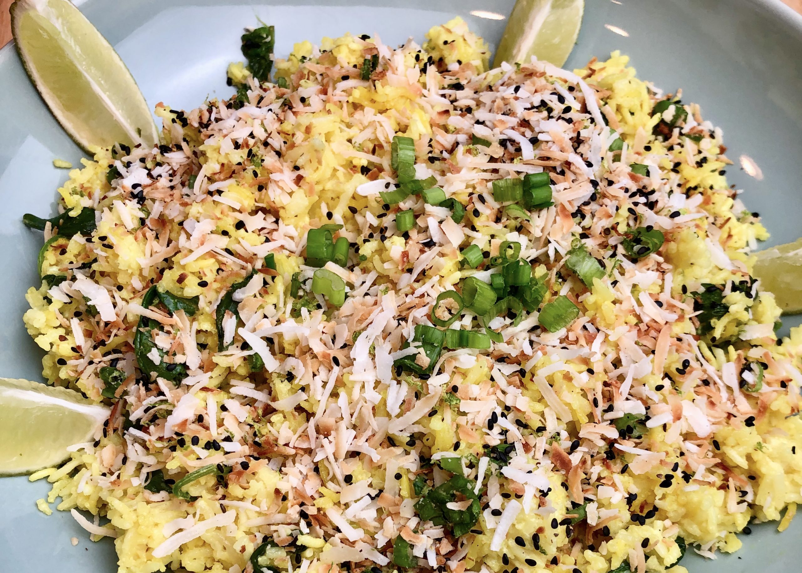 Turmeric Coconut Crunch Rice with Wilted Spinach