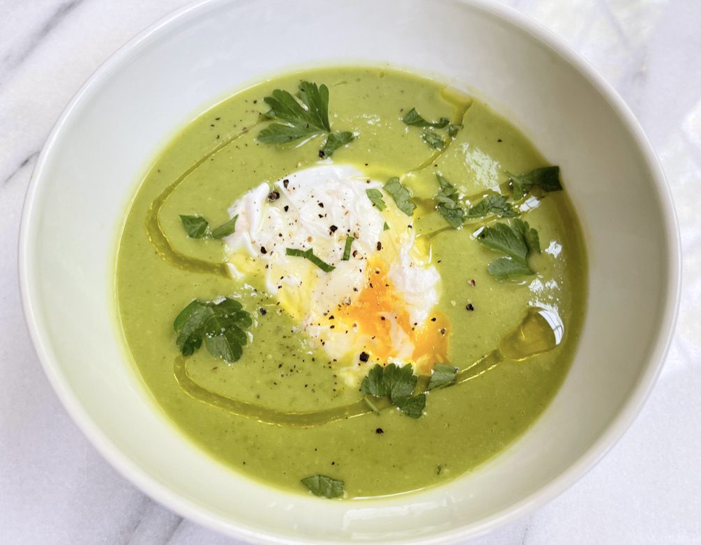 Pea and Asparagus Soup with Poached Eggs