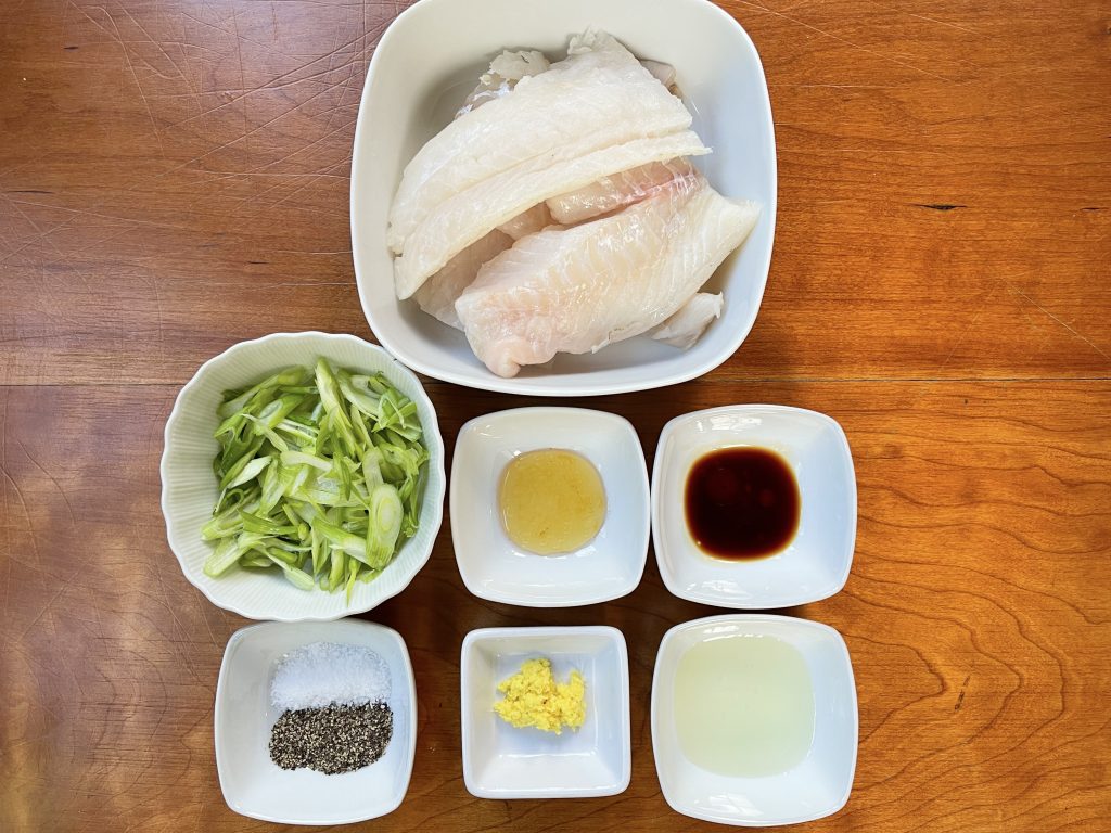Fish ingredients:  ginger, honey, soy sauce, oil, kosher salt, and black pepper.  Scallion whites get added once fish is cooking