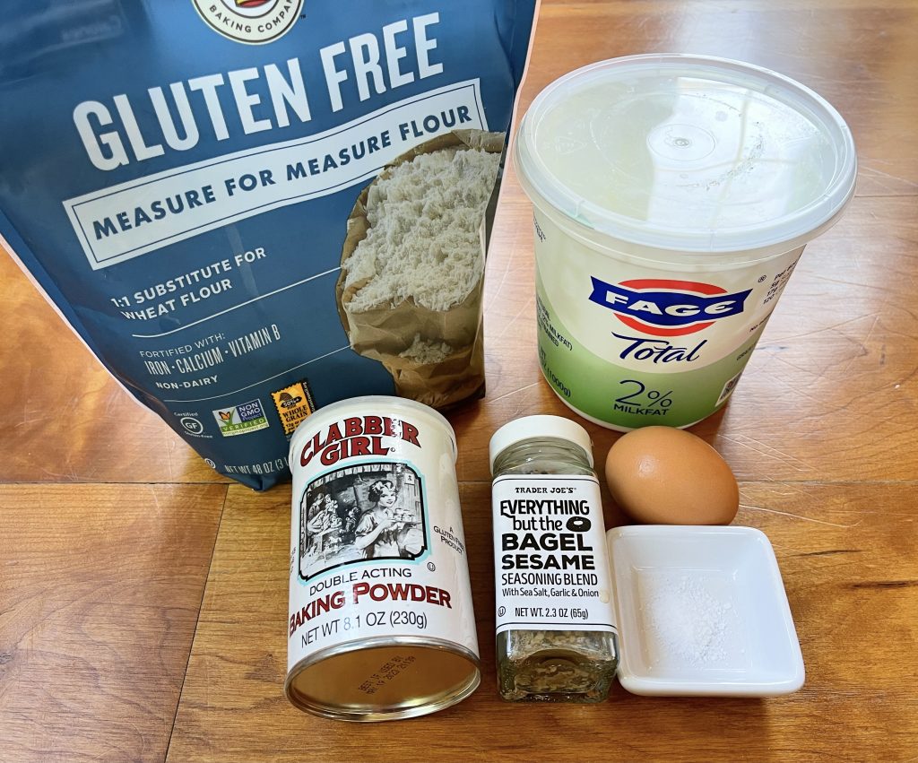Ingredients for Homemade Gluten Free Bagels - gluten free flour, greek yogurt, baking powder, kosher salt, 1 egg and toppings