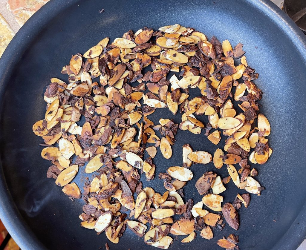 cook almonds for :30-1 minute until soy sauce evaporates and almonds are coated