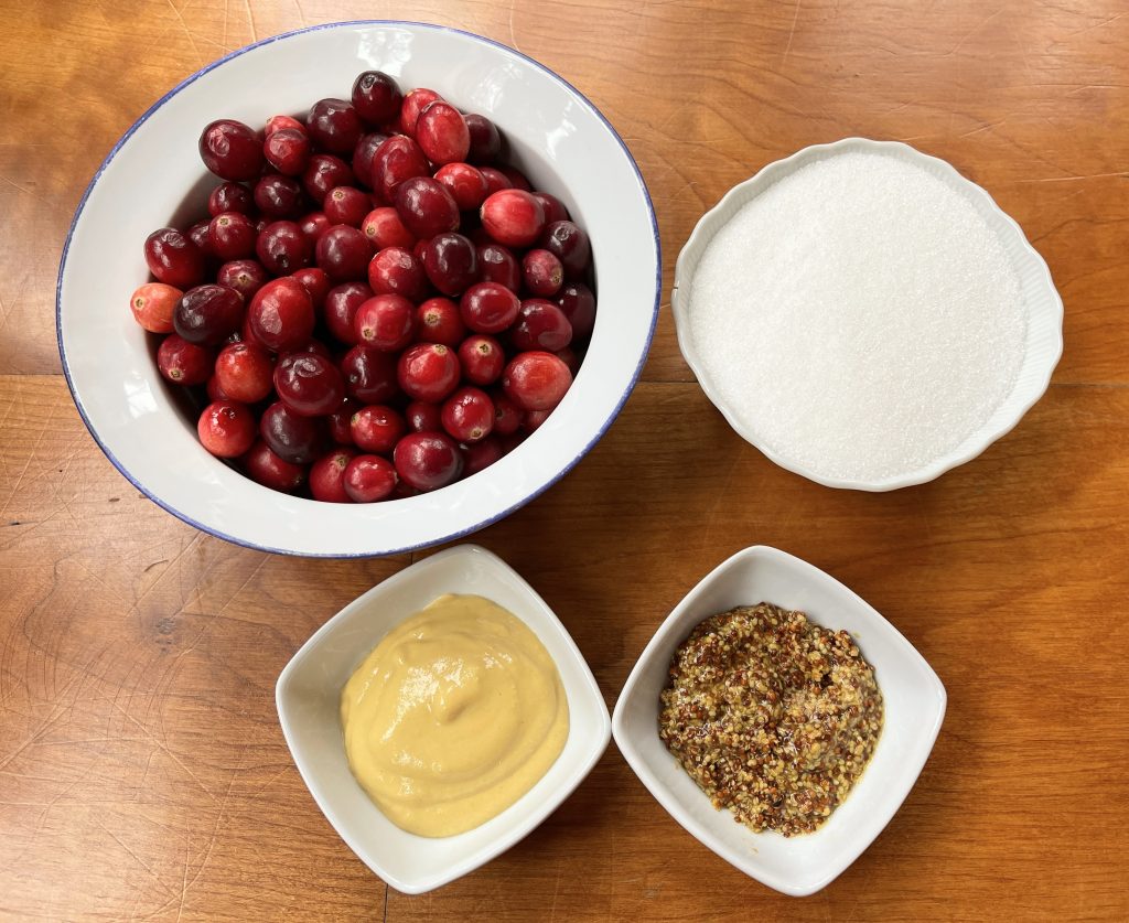 ingredients for cranberry mustard relish - cranberries, sugar, dijon and grainy mustards