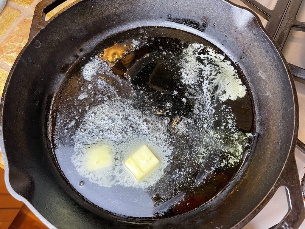heat olive oil and butter in a large pan